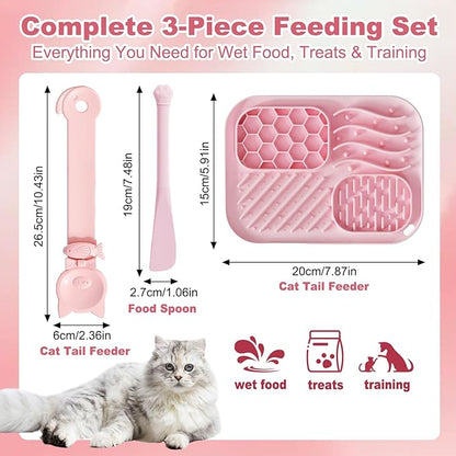 AZY 3-Piece Slow Feeder Cat Bowl and Lick Mat Set – Silicone Cat Treat Spoon & Feeding Mat for Wet Food, Enrichment and Slow Eating (Pink)