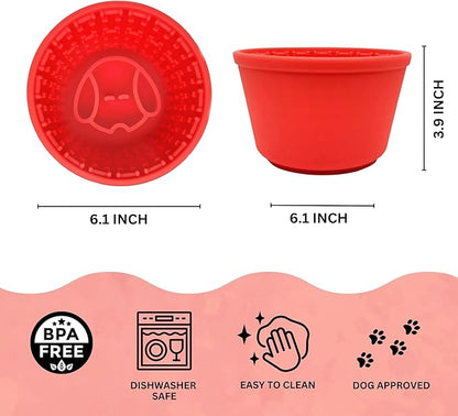 Silicone Enrichment Slow Feeder Dog Bowl for Medium & Large Dogs, Anti-Gulping Slow Eating Dog Bowl with Suction Base, Includes Brush & Spatula (Red)
