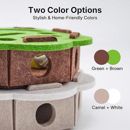 Cat Puzzle Toy with 3 Track Balls, Flower-Shaped Play Box for Indoor Kittens Interactive Treat Feeding, Fun Maze Game for Indoor Cats Boredom Relief & Exercise (White/Camel)