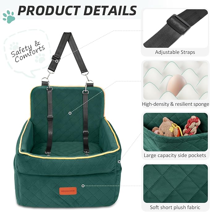 HEGGCOOE Dog Car Seat for Small Medium Dogs, Memory Foam Puppy Dog Booster Seat with Thick Cushion for Dogs Under 35lbs, Detachable Washable Pet Car Seat Travel Bed with Storage Pockets,2 Safety Belts