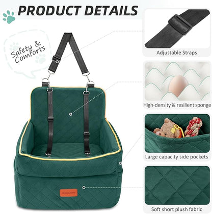 HEGGCOOE Dog Car Seat for Small Medium Dogs, Memory Foam Puppy Dog Booster Seat with Thick Cushion for Dogs Under 35lbs, Detachable Washable Pet Car Seat Travel Bed with Storage Pockets,2 Safety Belts