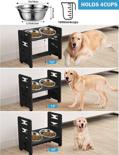Vantic Elevated Dog Bowls, Adjustable Raised Dog Bowl Stand for Medium Sized Pet, Sturdy Bamboo Food Feeder with 2 Stainless Steel Dishes, Black