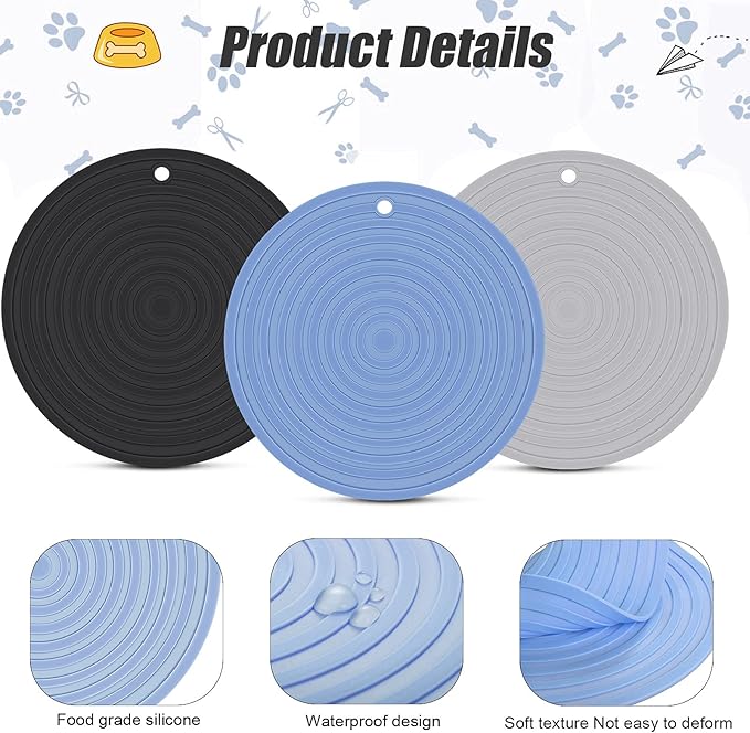 3 Pieces Silicone Pet Food Mat Feeding Mat for Dog and Cat Bowl Placemat Preventing Food and Water Overflow Suitable for Medium and Small Pet(7.1 Inch,Blue, Gray, Black)