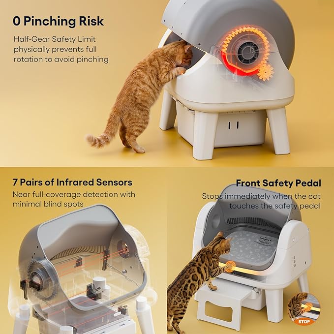 PetPivot Open Top Self Cleaning Cat Litter Box, Automatic Litter Box with 7 Pairs of Safety Sensors, Anti-Pinch Protection and Easy Access Step for Senior Cats, White Grey