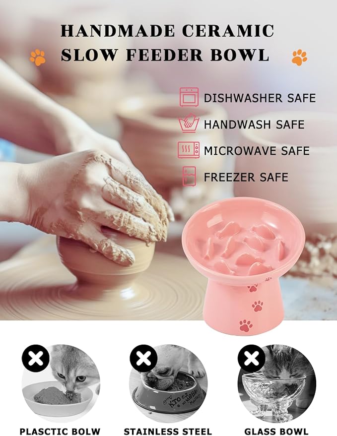 Y YHY 6 Inch Slow Feeder Bowl, Elevated Dog & Cat Bowl, Ceramic, Anti Vomiting, Pink