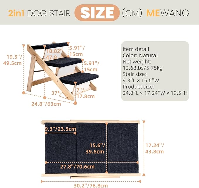 MEWANG Wood Pet Stairs & Ramp for Small/Medium Dogs and Cats, Aging Pets – 3-in-1 Foldable, Portable, Non-Slip Pet Ladder for Tall Beds, Couches,Cars–Holds Up to 220 lbs (24.8" L x 17.2" W x 19.5" H)