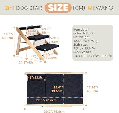 MEWANG Wood Pet Stairs & Ramp for Small/Medium Dogs and Cats, Aging Pets – 3-in-1 Foldable, Portable, Non-Slip Pet Ladder for Tall Beds, Couches,Cars–Holds Up to 220 lbs (24.8" L x 17.2" W x 19.5" H)