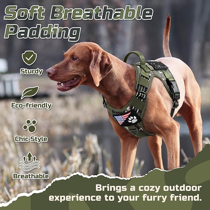 rabbitgoo Tactical Dog Harness for Large Dogs, No Pull Military Service Vest with Handle & Molle, Easy Control for Training Walking, Adjustable Reflective Straps, Green camo, L
