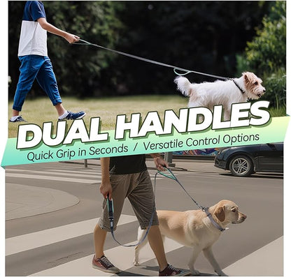 VIVAGLORY Dog Leash Twingrip Double Handle Dog Leash with Traffic Handle Control & 2 Loop for Walking & Training, Reflective Heavy Duty for Puppy Pet Collar, 4ft x 1in, Grey