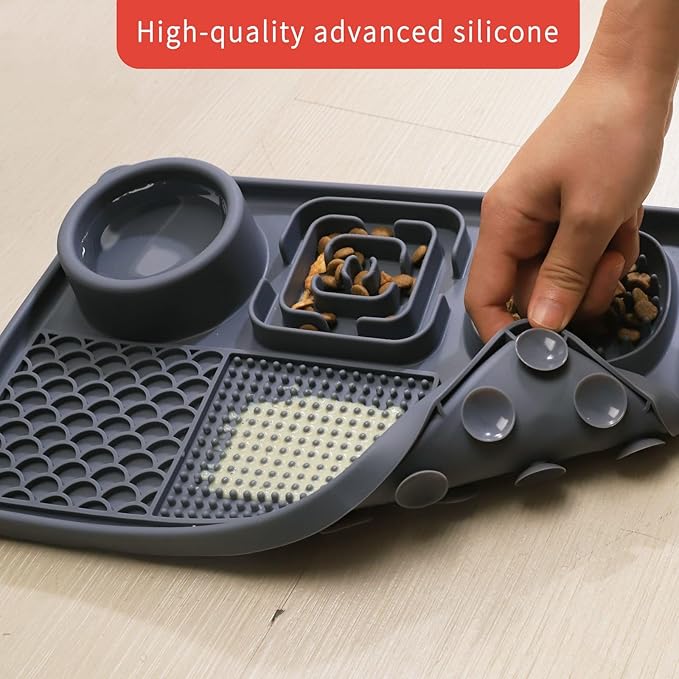 Lick Mat for Cats, Dog Anxiety Relief Slow Feeder with Suction Cups, Non-Slip Silicone Dog Enrichment Treat Mat, Easy to Clean Cat Puzzle Feeder, Lick Mats for Dogs Cats, Grey, 12"x8"