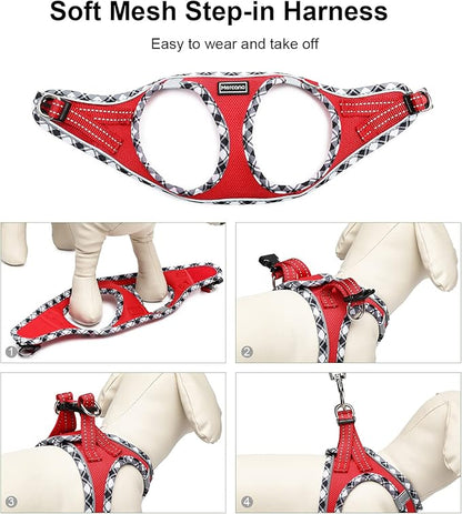 Mercano Soft Mesh Dog Harness and Leash Set, No-Chock Step-in Reflective Breathable Lightweight Easy Walk Vest Harnesses with Safety Buckle for Small Dogs, Cats (Red, L)
