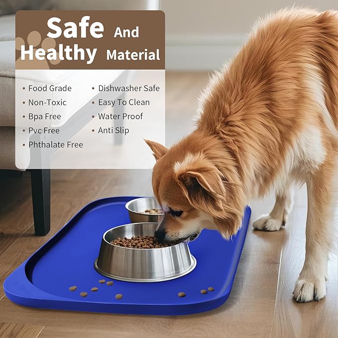 Silicone Pet Food Mat with Raised Edge for Food and Water Bowl, Dog Feeding Mats, Cat Food Trays for Floor Waterproof, Rubber Tray for Dogs and Cats, 19 x 12 x 0.7 Navy Blue