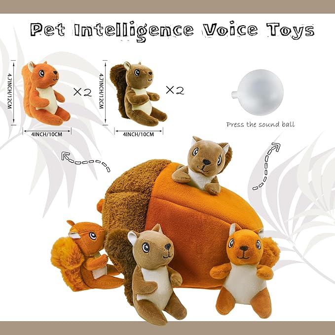 Hide and Seek Dog Toys Squeaky Sitting Squirrels Plush Toy with Crinkle Nut, Interactive Dog Toy to Keep Them Busy Pet Teeth Clean Chew Toys for Small & Medium Dogs