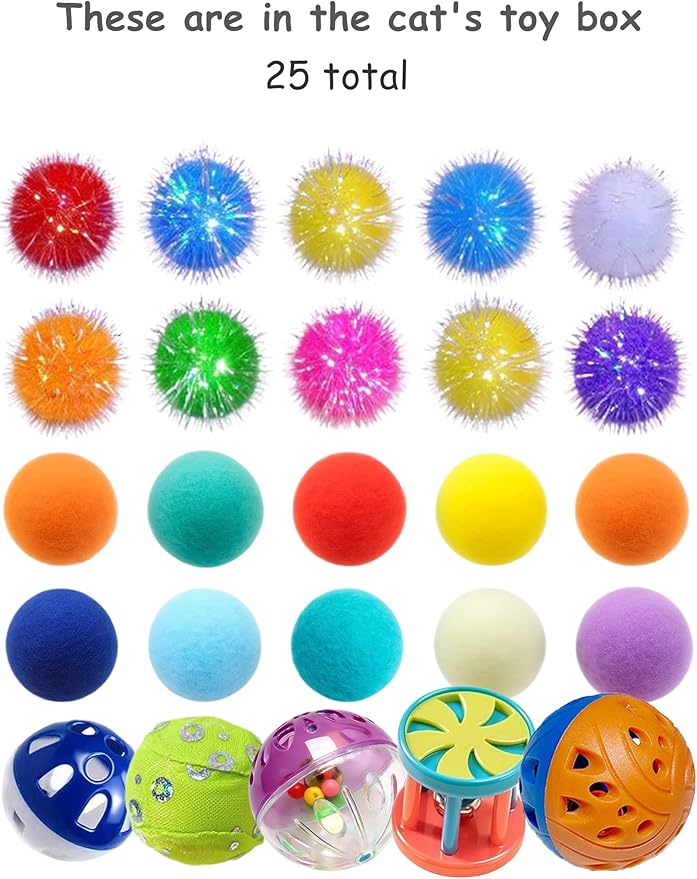 25 Cat Toys Balls Set Indoor Kitten Safe Colorful Plush & Bell Balls for Play Chase Hunt Interactive Entertainment (1.5'' - 2.2'')