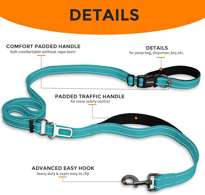 Kazazoo Hands-Free Dog Leash with Adjustable Length 6-9FT + Dual Padded Handles Reflective Safety for Walking, Jogging & Training | Suitable for Medium to Large Dogs & Puppies Green-L