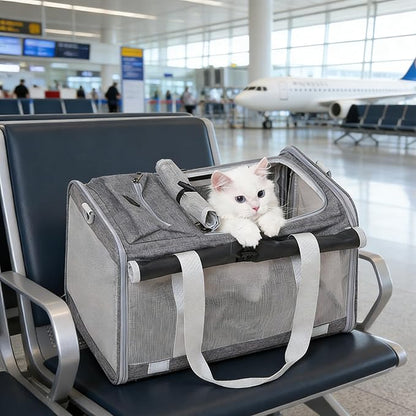 Pet Carrier Bag for Cats & Small Dogs, Airline Approved Travel Cat Carrier with Mesh Windows, Shoulder Strap & Removable Mat, Foldable Design for Home & Outdoor Trips (Grey)