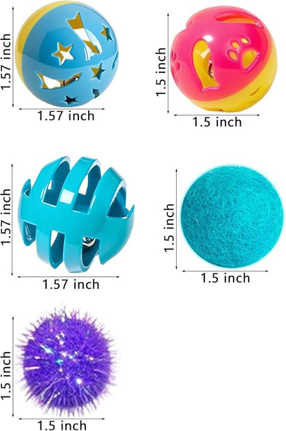 6-Pack Cat Toy Balls, 4 Bell Balls with Star and Paw Print Designs, 1 Sparkle Ball, 1 Fuzzy Ball, Interactive Cat Toys for Indoor Cats, Kitten Toys for Self Play and Exercise (1.5'')