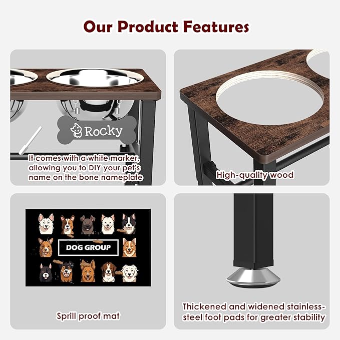 SHAINFUN Elevated Dog Bowls with Slow Feeder & Mat for Medium and Large Dogs, 12" Tall Adjustable Wooden & Metal Raised Dog Bowl Stand, 2 Stainless Steel 58oz Bowls for Food & Water