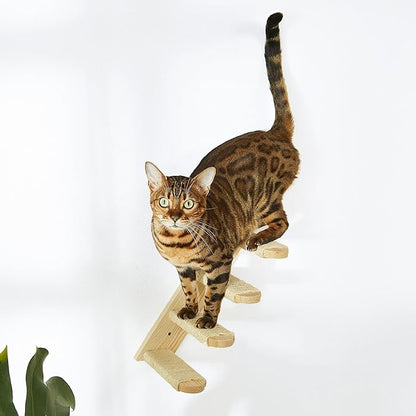 Wall-Mounted Cat Stairs, 4-Step Pine Wood Cat Ladder with Sisal Rope, Space-Saving Climbing Solution for Cats