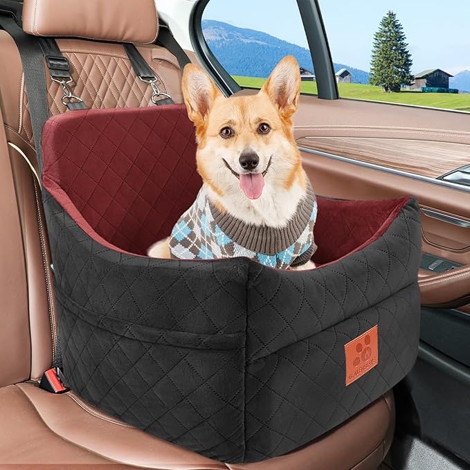 GL GLENSLAVE Dog Car Seat for Small/Medium Dogs, Dog Booster Car Seats with Thick Cushion for Dogs Under 35lbs, Detachable Washable Pet Carseat with Storage Pockets, 2 Safety Belts(Black/Red)