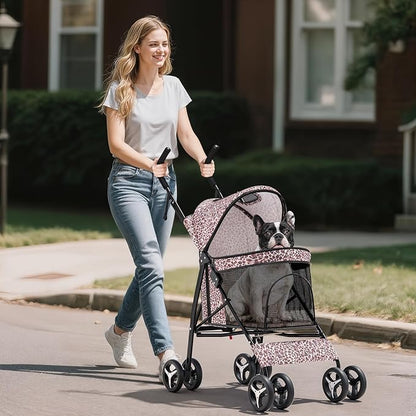 Dog Stroller for Small Dogs 10 lbs -22lbs Puppy Stroller Medium Dog Wagon Small Pet Stroller for Cats, Cat Strollers for 2 Cats, Rear Storage, Leopard Print