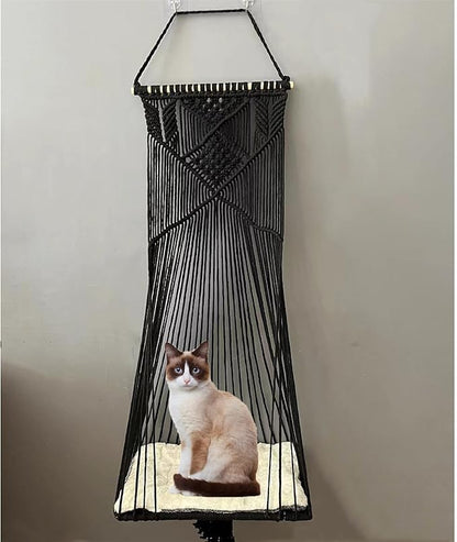 Macrame Hanging Cat Hammock Bed Cat Swing House Space Saving Window Perch with Washed Cotton Cats Toy Tassel Basket Tapestry (Black, Swing Bed+Cushion, XL)