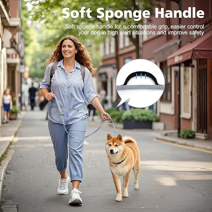 Hands Free Dog Leash, 8.5ft Adjustable Hands Free Leash for Medium Dogs, Versatile Handheld Crossbody Waist Lead with 3 Rings, Easy Adjust for Running Jogging Walking, Sponge Handle, Gray
