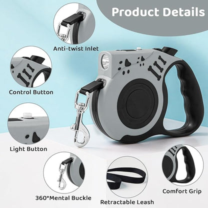 16FT Retractable Dog Leash with LED Flashlight for Night Walking, USB Rechargeable Hands-Free Leash for Small Medium Dogs, Automatic Locking & Extending, Grey
