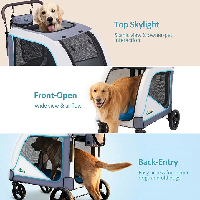 Ownpets Extra-Large Dog Stroller for Large Dogs Up to 154lbs, with Hanging Storage Bag, Foldable Dog Wagon with Adjustable Handle & Breathable Mesh, 4 Wheels Pet Stroller