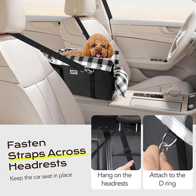Center Console Dog Car Seat, Detachable and Washable Inner Lining Dog Car Seat Anti-Collapse Small Dog Pet Car Seat with Safety Belt Up to 11lbs(Black)