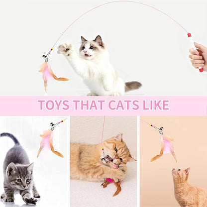 Cat Toys for Cats, Pink Teaser Wand with Natural Feathers, Interactive Toy with Replaceable Feather Head for Multi-Cat Homes, Perfect for Exercising, Training, and Preventing Furniture Damage