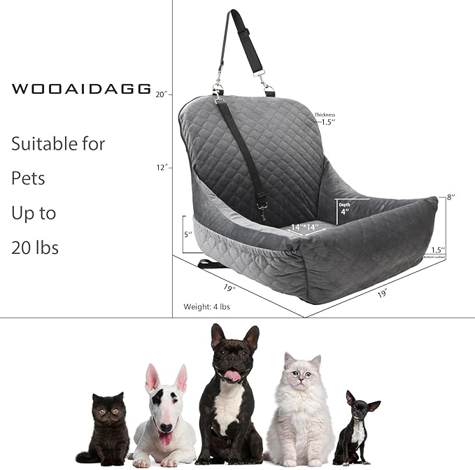 WOOAIDAGG Dog Car Seat,Fully Detachable and Washable Cover,Easy to Assemble,Comfy Cushion Fill in Memory Foam,2 Clip-On Safety Leashes and Storage Pockets (Grey)