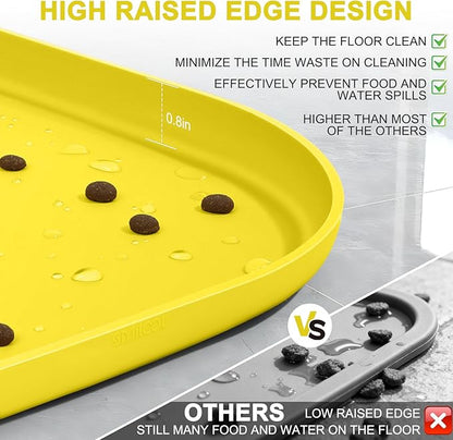 Silicone Pet Food Mat with Raised Edge for Food and Water Bowl, Dog Feeding Mats, Cat Food Trays for Floor Waterproof, Rubber Tray for Dogs and Cats, 24 x 16 x 0.8 Light Yellow