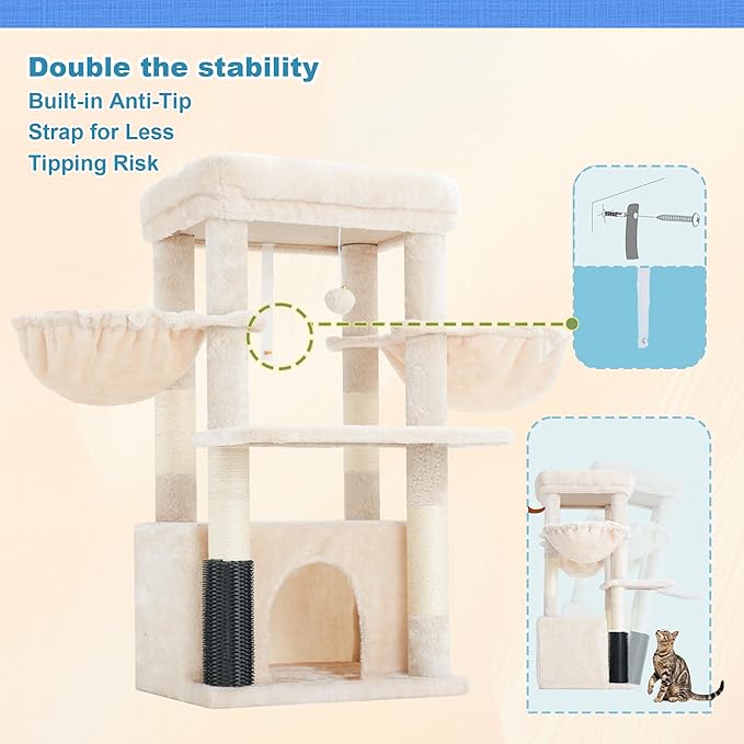 Hey-brother Cat Tree Tower with Extra Large Platform, Spacious Condo, 2 Cozy Hammocks, Self-Grooming Brush, Sisal Scratching Posts for Big Indoor Adult, Maine Coon, 35.4 Inches, Beige MPJ060M