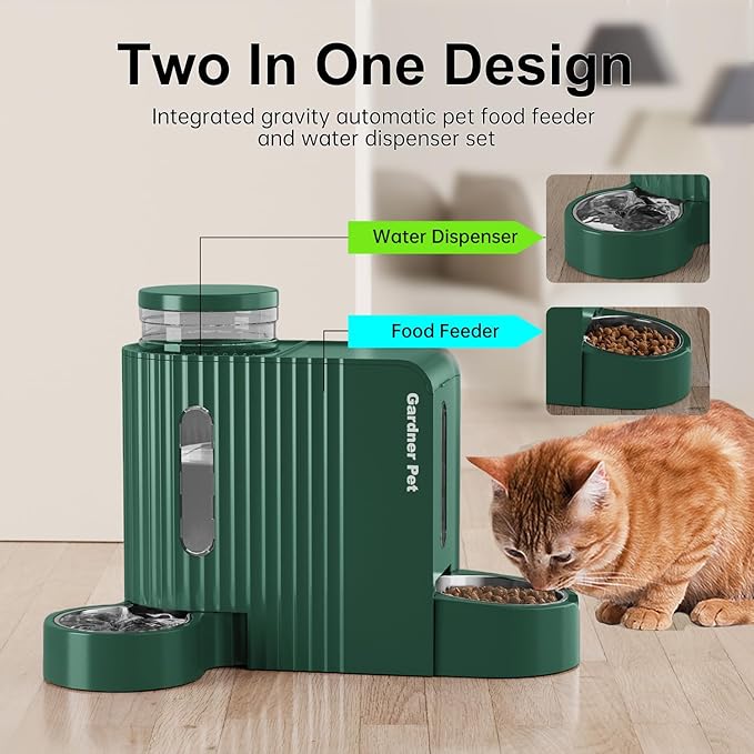 Gardner Pet Gravity Cat Food Feeder and Water Dispenser Stainless Steel Bowls Two-in-One Set Large Capacity Automatic Feeder for Pets Dogs, Puppies, Kittens-(0.8 Gallons x 2)