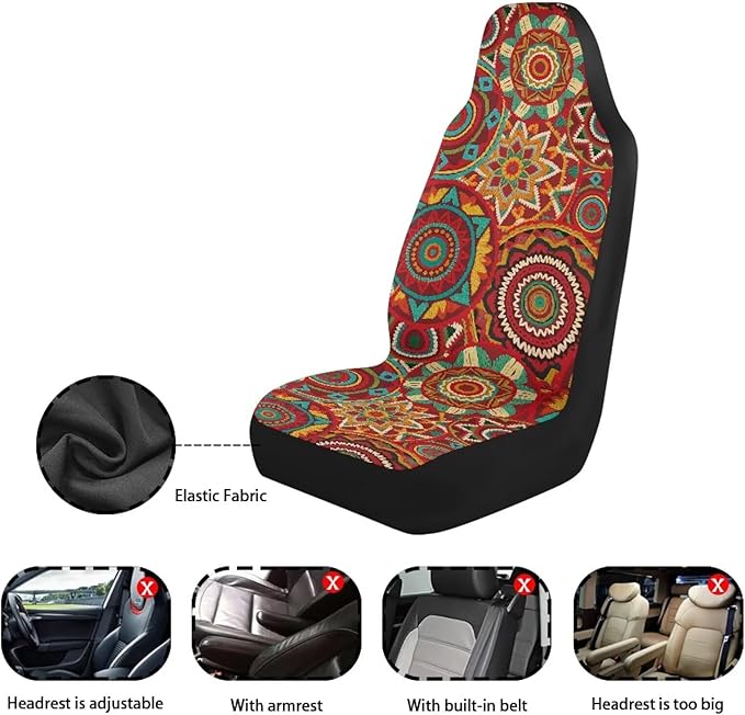 Dreaweet Boho Seat Covers for Cars Vintage Mandala Floral Pattern Car Front Seat Cover Washable Universal 2 Piece Bucket Seat Covers for Carseat Protection