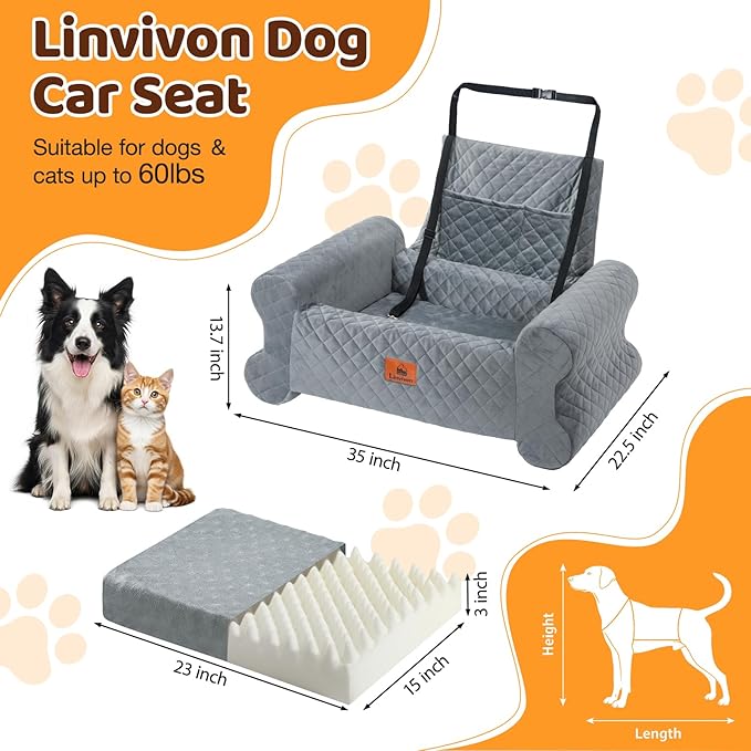 Dog Car Seat for Medium/Large Dogs up to 60 lbs, Memory Foam Dog Booster Seat with Thick Cushion, Pet Car Seat for Back with Detachable Washable Cover, Storage Pockets for SUV, Pick Up, Trunk, Grey
