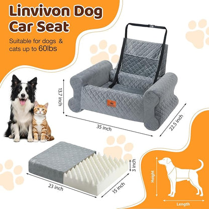 Dog Car Seat for Medium/Large Dogs up to 60 lbs, Memory Foam Dog Booster Seat with Thick Cushion, Pet Car Seat for Back with Detachable Washable Cover, Storage Pockets for SUV, Pick Up, Trunk, Grey