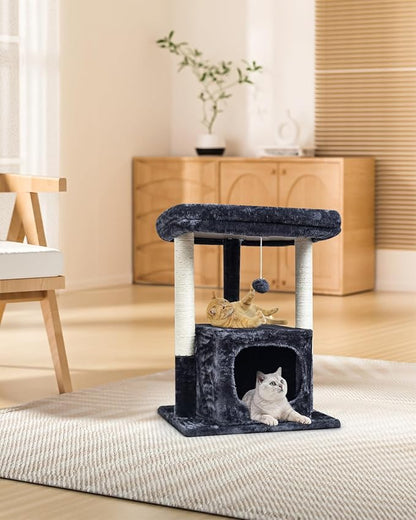 SYANDLVY 27IN Cat Tree for Indoor Cats Large Adult, Modern Activity Tower with Scratching Posts, Condo with Plush Perch, Climbing Stand with Spring Ball for Play, Smoky