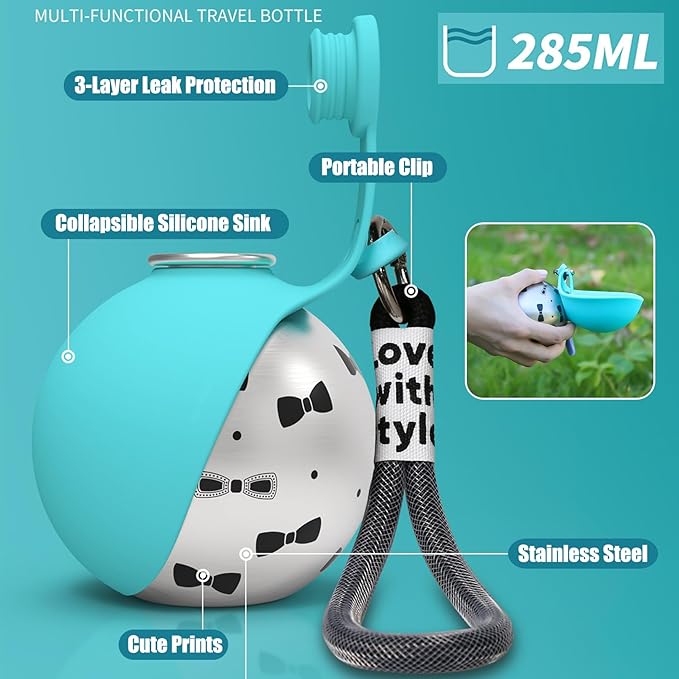 2-in-1 Portable Dog Water Bottle for Small Dogs - Leak-Proof, Compact & Foldable Pet Water Bottle with Silicone Bowl, 10oz for Walking & Travel - Stainless Steel, One-Hand Operation (1 Pink)
