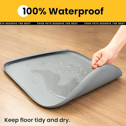 Silicone Dog Food Mat with Side Pocket & Hook Hole, Soft Raised Edges, Easy Clean Waterproof Non-Slip Pet Feeding Mat for Cats and Dogs Water Bowl, Pets Accessories(24"x16",Grey)