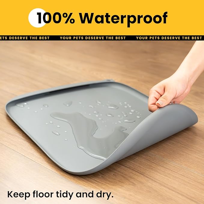 Silicone Dog Food Mat with Side Pocket & Hook Hole, Soft Raised Edges, Easy Clean Waterproof Non-Slip Pet Feeding Mat for Cats and Dogs Water Bowl, Pets Accessories(18"x12",Grey)