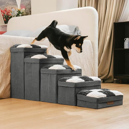 Dog Stairs with Storage, 5-Step Chessboard Plaid Handcrafted Dog Steps for Small Medium Dogs Cats, Folding Sturdy Pet Stairs Climbing Bed or Sofa, Grey