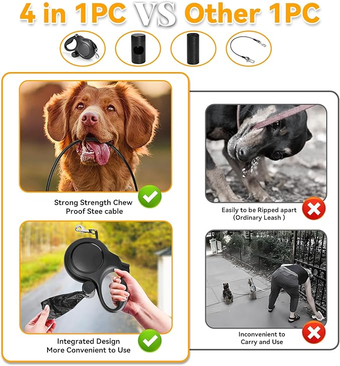 Upgraded Retractable Dog Leash with Chew Proof Cable, 26ft Heavy Duty Dog Leash for Large Dogs up to 110lbs, No-Tangle, Non-Slip Handle, One-Handed Brake, with Poop Bag Holder (Black, L 26ft)