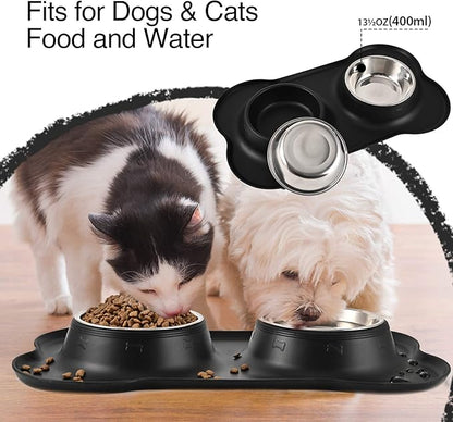 Dog Bowls 2 Stainless Steel Bowl for Pet Water and Food Feeder with Non Spill Skid Resistant Silicone Mat for Pets Puppy Small Medium Cats Dogs