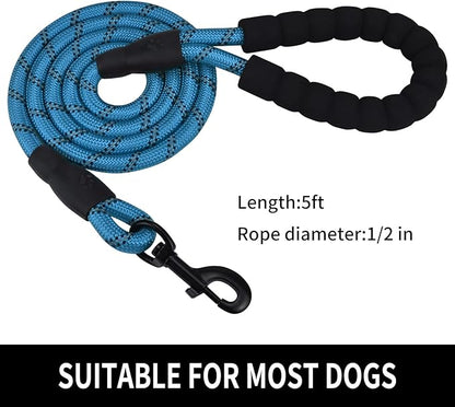 5/6 FT Strong Pet Dog Leash with Soft Padded Handle,Highly Reflective Rope for Night Walking,360-Degree Rotating Metal Buckle Without Tangles,Suitable for Small,Medium and Large Dogs.(5ft)