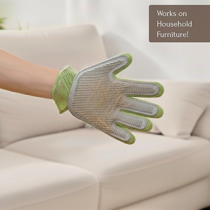 PetPals Single Pet Hair Removal Grooming Glove, Suitable for Long and Short-Haired Dogs and Cats. Double-Sided Function with Pet Hair Removal and Cleaning for Furnitures. Green