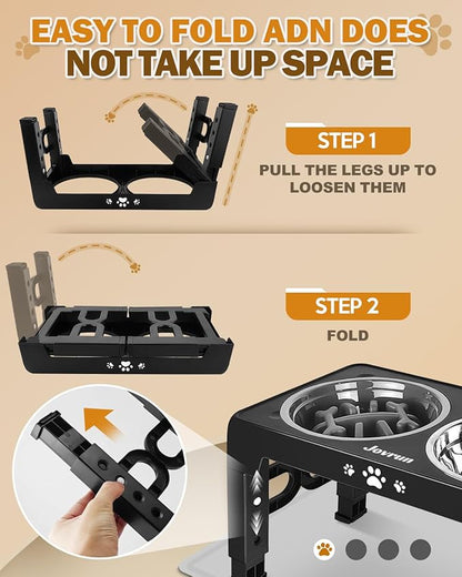 Elevated Dog Bowls for Medium Size Dogs with Mat, Non-Slip Dog Feeder with 1*Stainless Steel Dishes & 1*Slow Feeder Bowl, 5 Heights Adjustable Raised Bowls for 3.15″-8.66″-9.84″-11.02″-12.2″