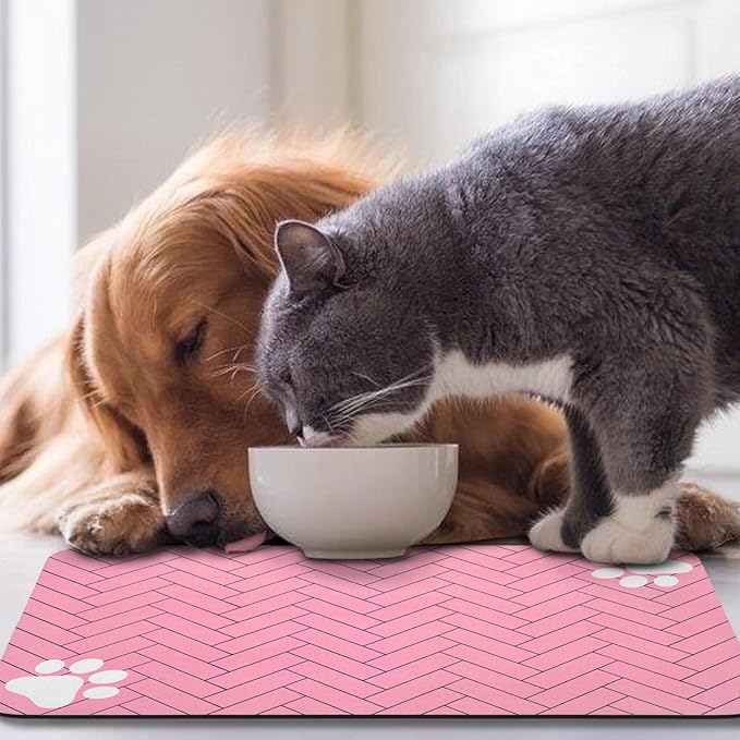 Dog Food Mats,Cat Absorbent Water Bowl Feeding Mats Pet Placemats for Food and Water Pink Wood Grain 12 * 20 inch
