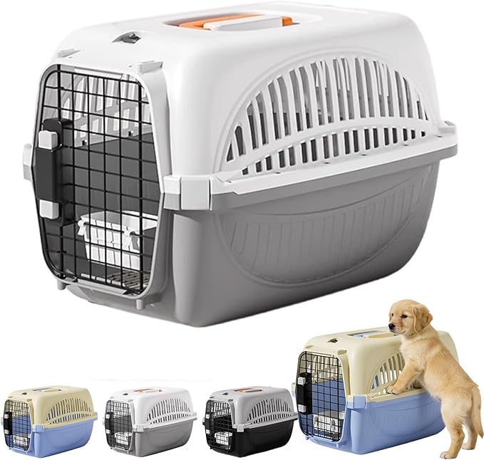 Airline Approved Dog Carrier, Hard-Sided Cat Carrier with Detachable Food Bowl, Portable Dog Crate for Small Dogs and Cats, Ideal for Travel, Car, and Outdoor Use (Grey)